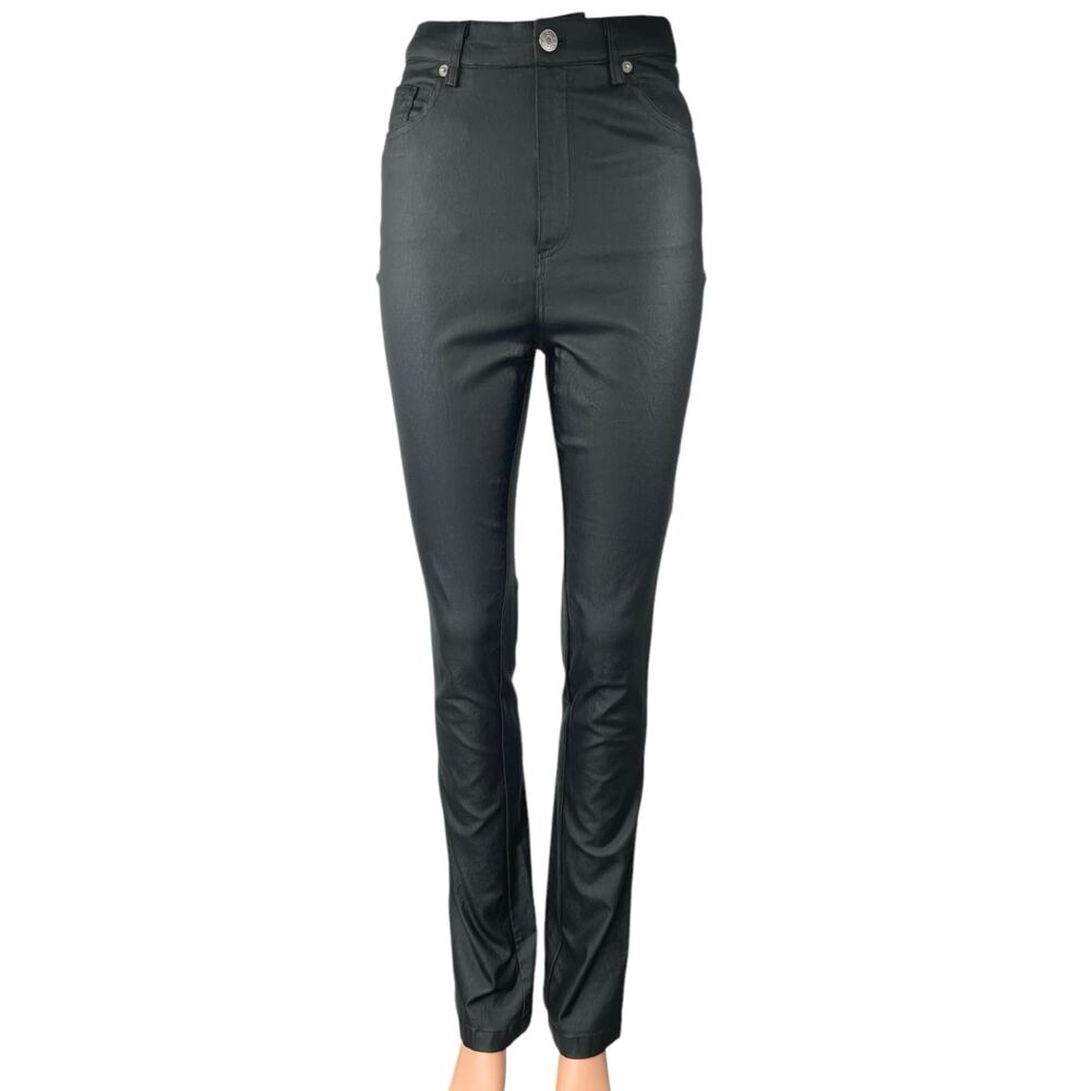 NA-KD Black Coated Faux Vegan Leather High Rise Bootcut Flared Trousers Pants 36